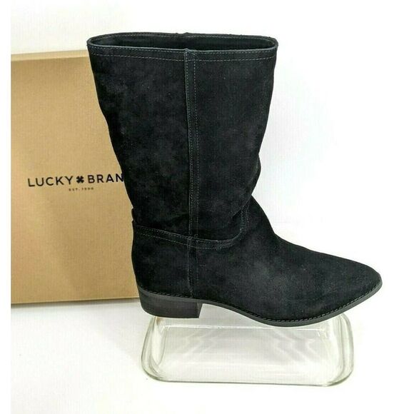 Lucky Brand Black Suede Western Boot Split Suede Mid-Calf Cowgirl Point Toe - Picture 1 of 12